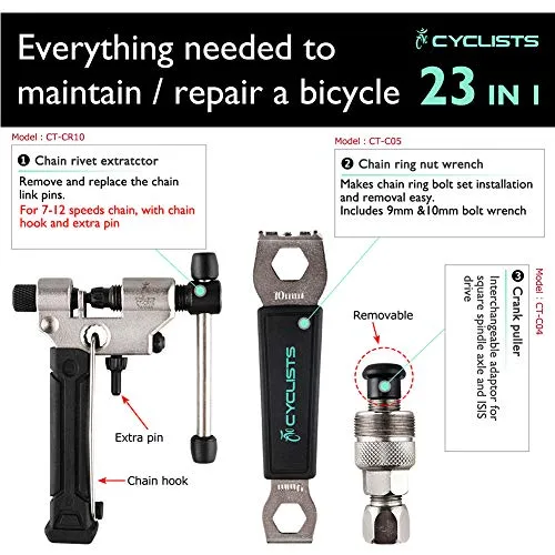 23 Piece Bike Tool Kit - Bicycle Repair Tool Box Compatible - Mountain/Road Bike Maintenance Tool Set With Storage Case (CT-K01-23)