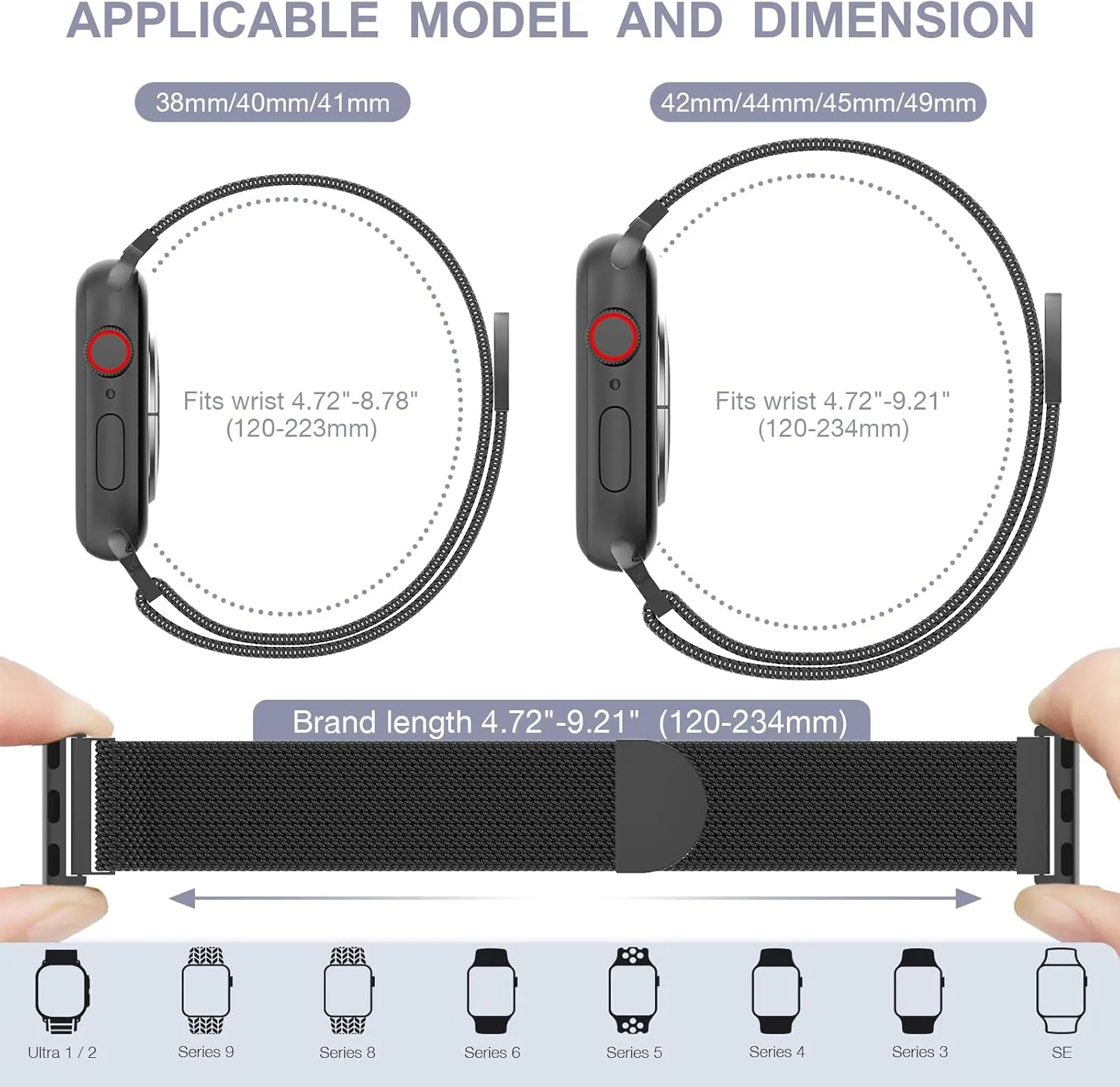 BELONGME 3 Pack Mesh Loop Compatible with Apple Watch Band Women Men 38mm 40mm 41mm 42mm 44mm 45mm 49mm Series Ultra SE 9 8 7 6 5 4 3 2 1, Stainless Steel Metal Strap Magnetic Clasp for iWatch Bands