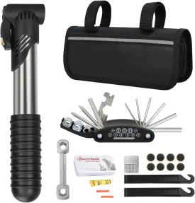 Bike Repair Tool Kit Bicycle Repair Bag with Tire Pump, 16-in-1 Bike Multitool Kit for Mountain Road, Bicycle Tire Repair Kit, Multitool Bicycle Accessories for Road Mountain Bike
