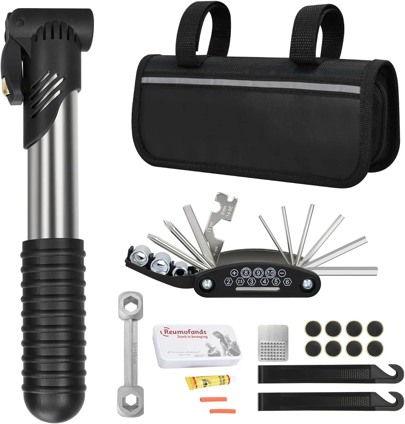 Bike Repair Tool Kit Bicycle Repair Bag with Tire Pump, 16-in-1 Bike Multitool Kit for Mountain Road, Bicycle Tire Repair Kit, Multitool Bicycle Accessories for Road Mountain Bike