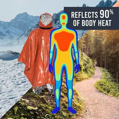 Emergency Survival Life Poncho - 2 Thermal Mylar Space Blanket - Orange