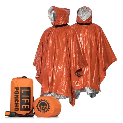 Emergency Survival Life Poncho - 2 Thermal Mylar Space Blanket - Orange