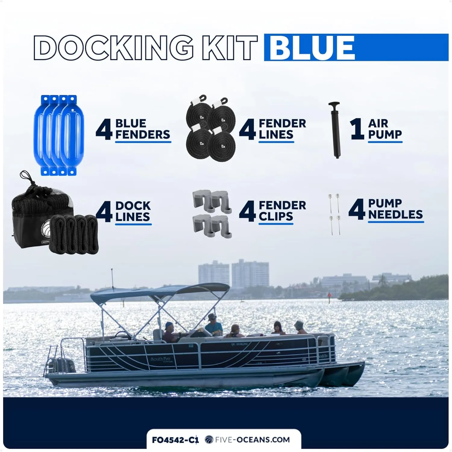 Five Oceans Twin Eye Ribbed Boat Fender Kit, Inflatable Boat Bumpers for Docking with Fender Lines 3/8-Inch x 5Ft, Multiple Size, Package Quantity and Color Options