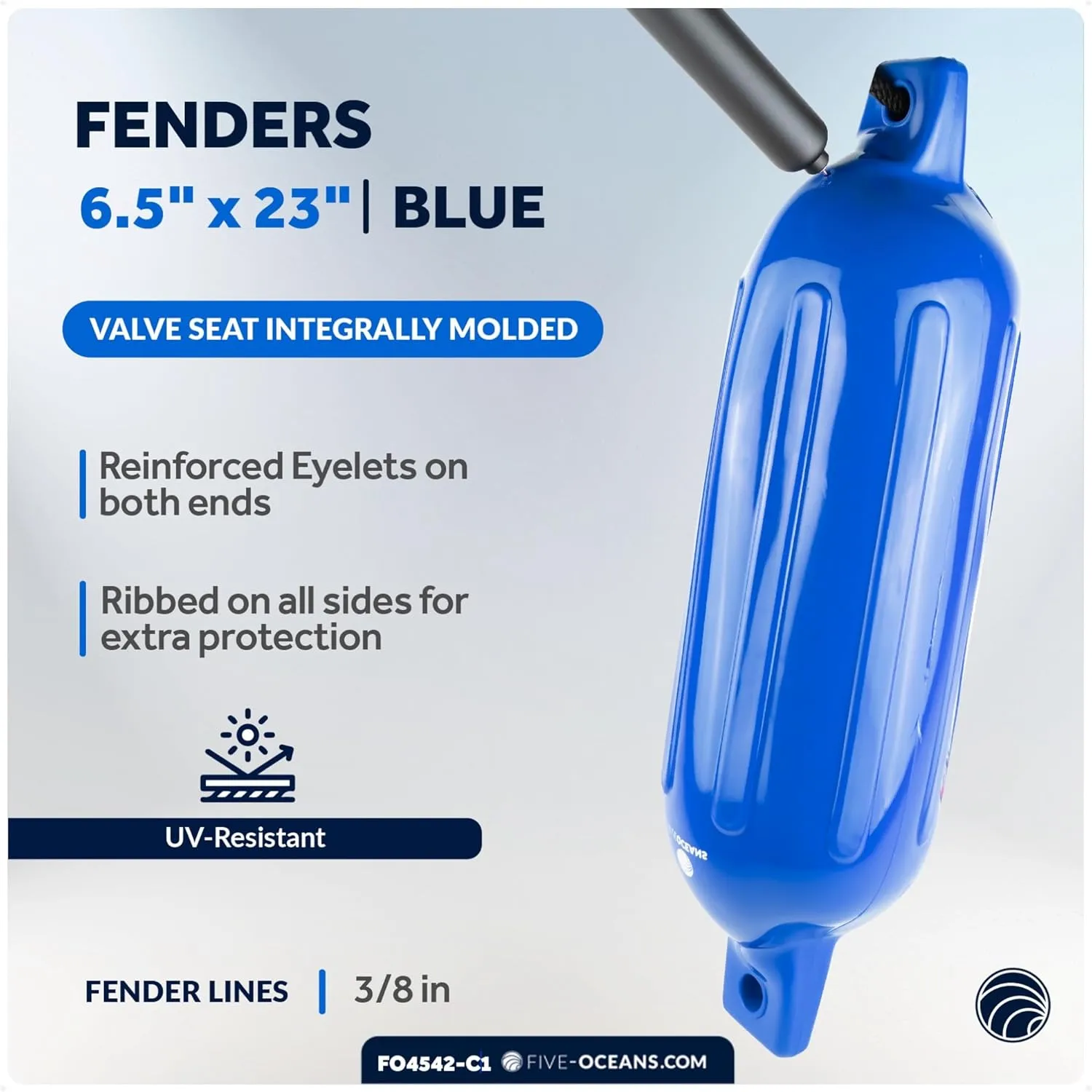 Five Oceans Twin Eye Ribbed Boat Fender Kit, Inflatable Boat Bumpers for Docking with Fender Lines 3/8-Inch x 5Ft, Multiple Size, Package Quantity and Color Options