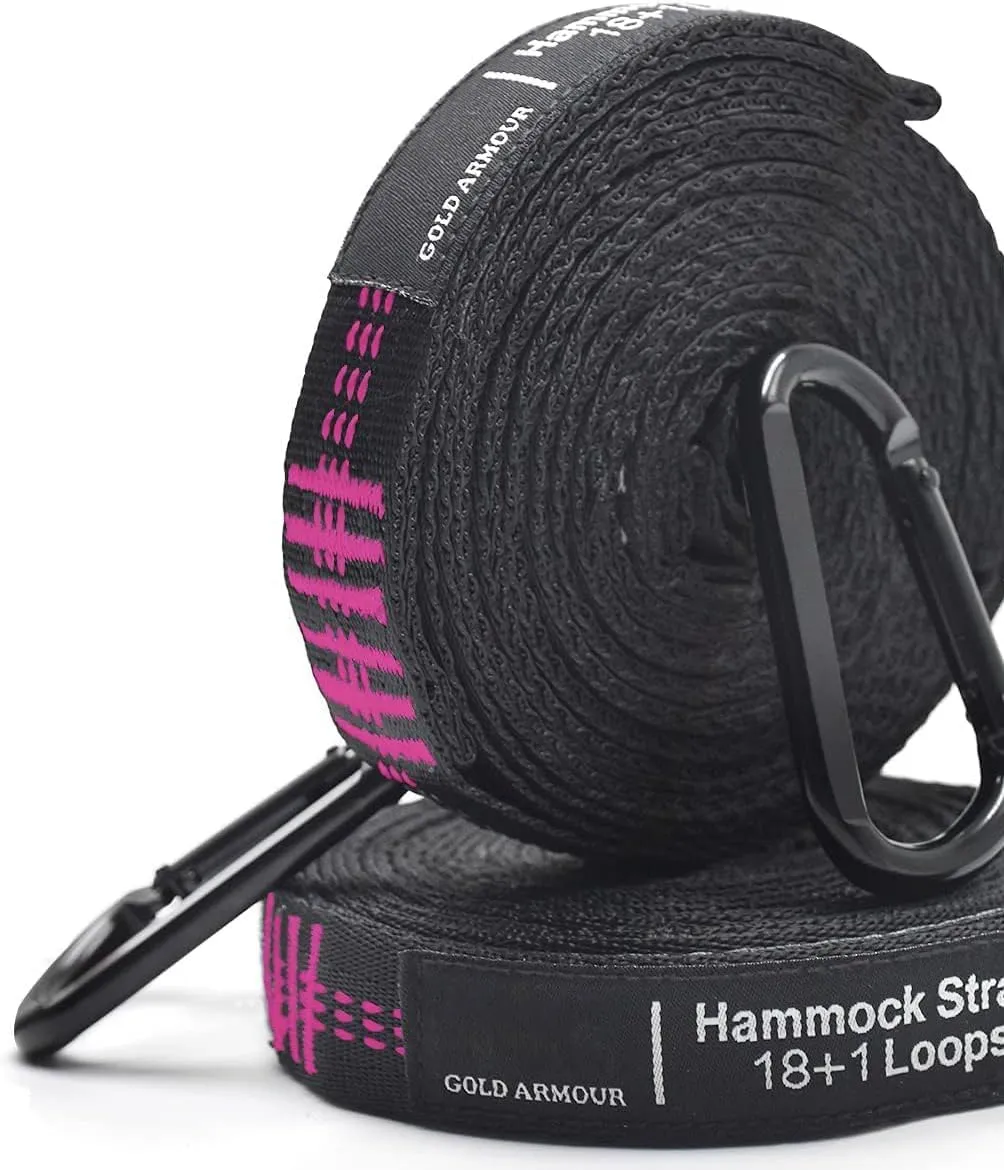 Gold Armour Hammock Straps XL, Camping Hammock Tree Straps Set (2 Straps, 2 Carabiners, Carrying Bag), 20 ft Long Combined, 36 Loops, Must Have Accessories & Gear (Black with Pink Stitching)