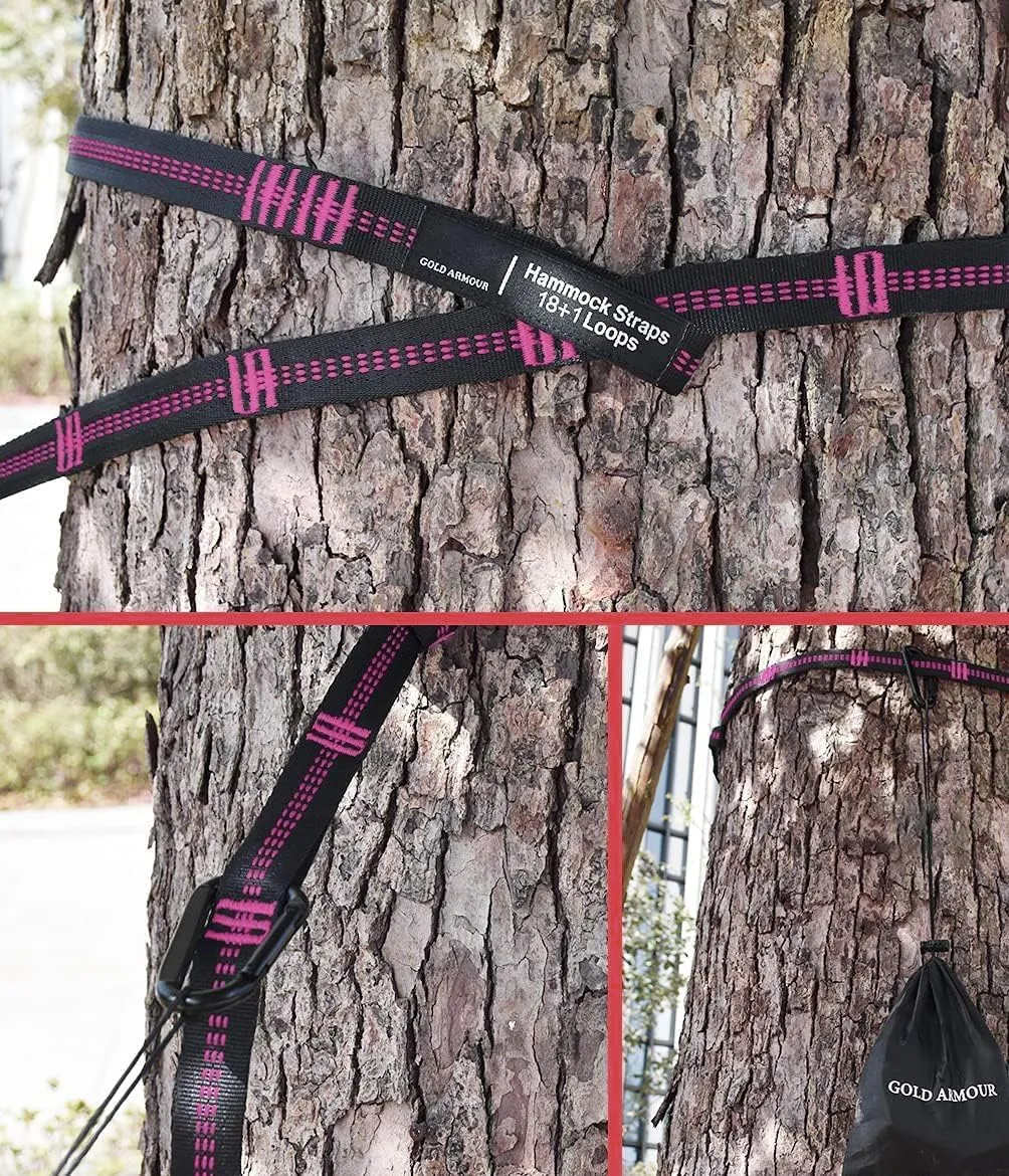 Gold Armour Hammock Straps XL, Camping Hammock Tree Straps Set (2 Straps, 2 Carabiners, Carrying Bag), 20 ft Long Combined, 36 Loops, Must Have Accessories & Gear (Black with Pink Stitching)