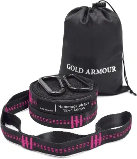 Gold Armour Hammock Straps XL, Camping Hammock Tree Straps Set (2 Straps, 2 Carabiners, Carrying Bag), 20 ft Long Combined, 36 Loops, Must Have Accessories & Gear (Black with Pink Stitching)