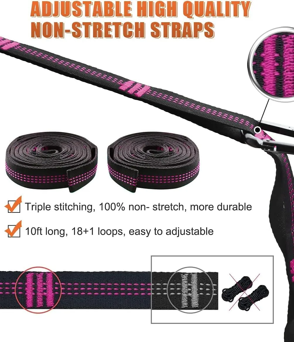 Gold Armour Hammock Straps XL, Camping Hammock Tree Straps Set (2 Straps, 2 Carabiners, Carrying Bag), 20 ft Long Combined, 36 Loops, Must Have Accessories & Gear (Black with Pink Stitching)