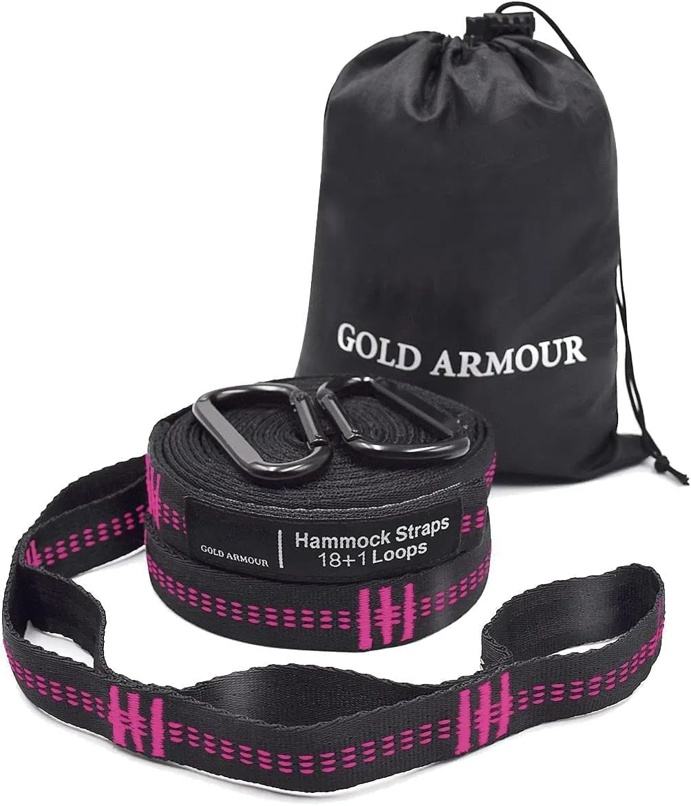 Gold Armour Hammock Straps XL, Camping Hammock Tree Straps Set (2 Straps, 2 Carabiners, Carrying Bag), 20 ft Long Combined, 36 Loops, Must Have Accessories & Gear (Black with Pink Stitching)