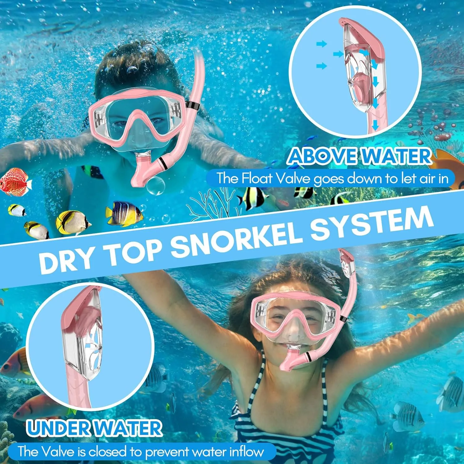 HiiPeak Snorkeling Gear for Kids, Goggles with Nose Cover, Dry Top Snorkel Set for Ages 5-15