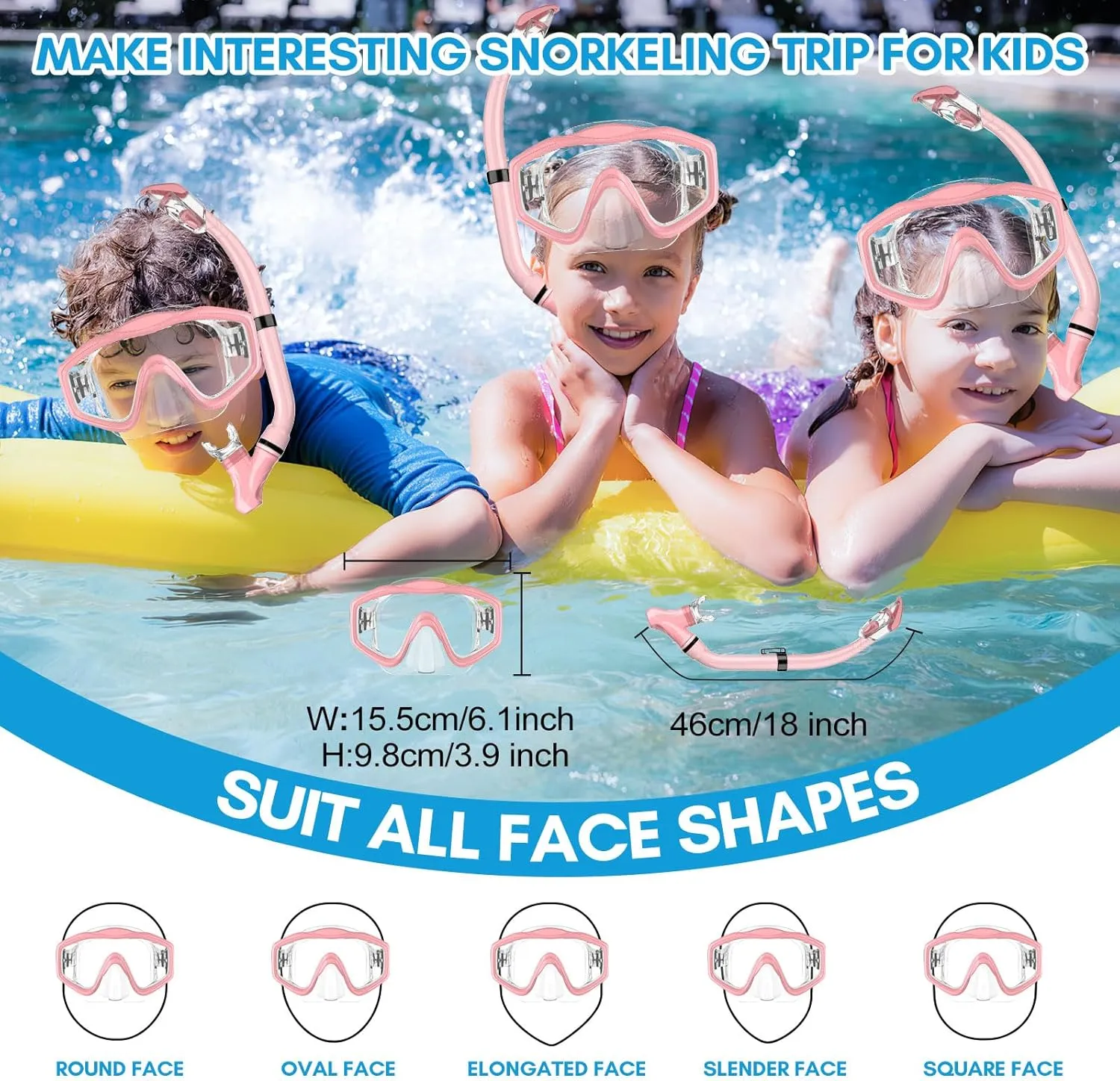 HiiPeak Snorkeling Gear for Kids, Goggles with Nose Cover, Dry Top Snorkel Set for Ages 5-15