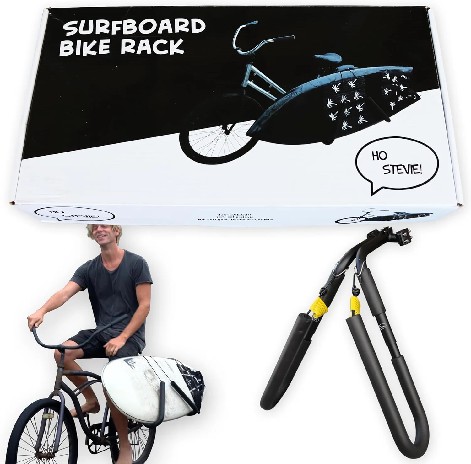 Ho Stevie! Surfboard Bike Rack - Fits Most Bikes, Easy Install, for Surf Boards 8 Feet Or Shorter - Cruise to Your Surf Spot