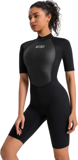 KMT Women Wetsuit, Womens 2mm Shorty Wetsuits Upgrade CR Neoprene Wet Suits Back Zipper