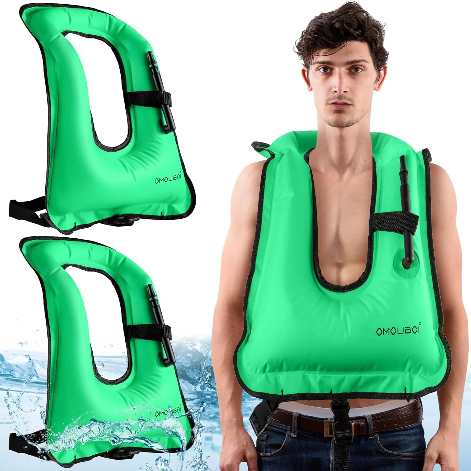 Meooeck 2 Pcs Large Inflatable Snorkel Vest Adults Safety Snorkel Diving Jackets, up to 260 Lbs Loading Portable Swim Jackets, Adjustable Kayaking Buoyancy Gears Safety Vest