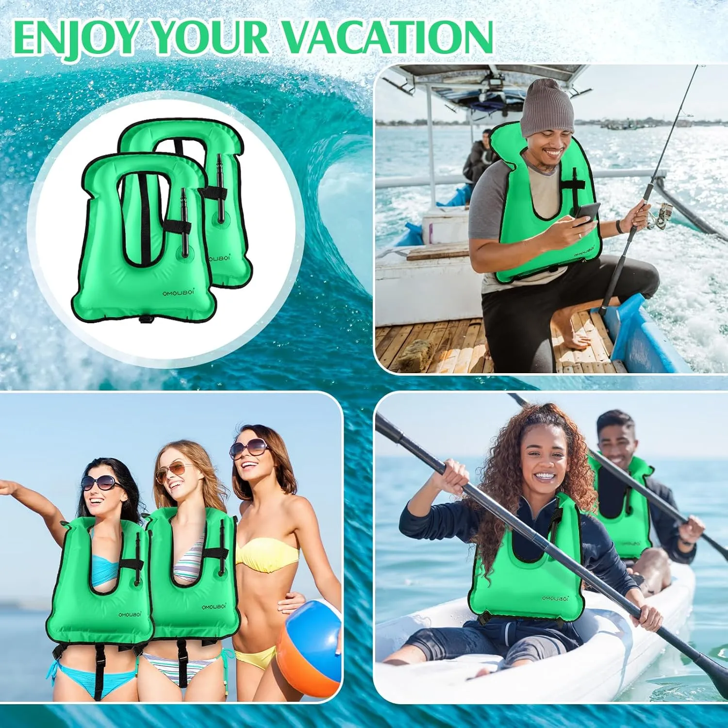 Meooeck 2 Pcs Large Inflatable Snorkel Vest Adults Safety Snorkel Diving Jackets, up to 260 Lbs Loading Portable Swim Jackets, Adjustable Kayaking Buoyancy Gears Safety Vest