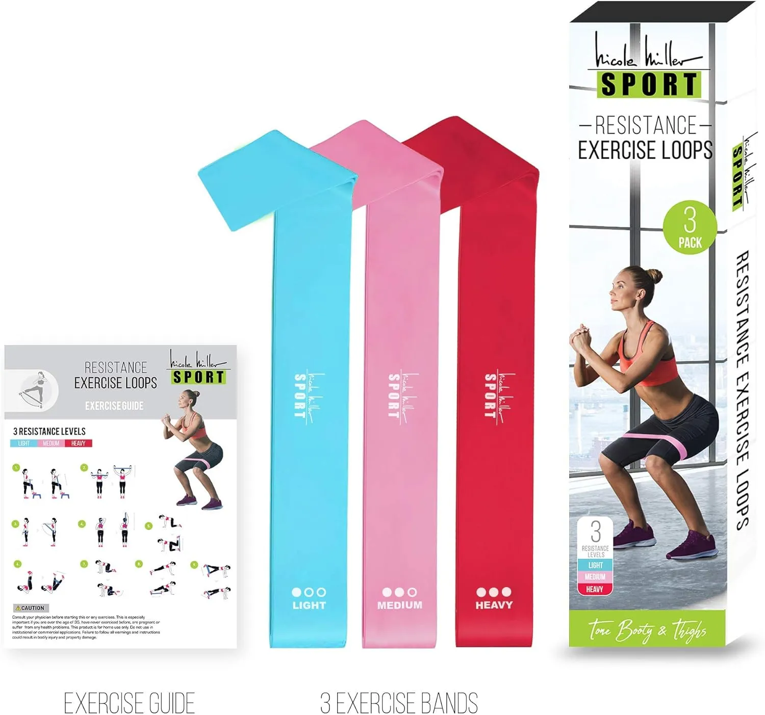 Nicole Miller Resistance Bands Set Exercise Workout Bands Loops, 3 Pack