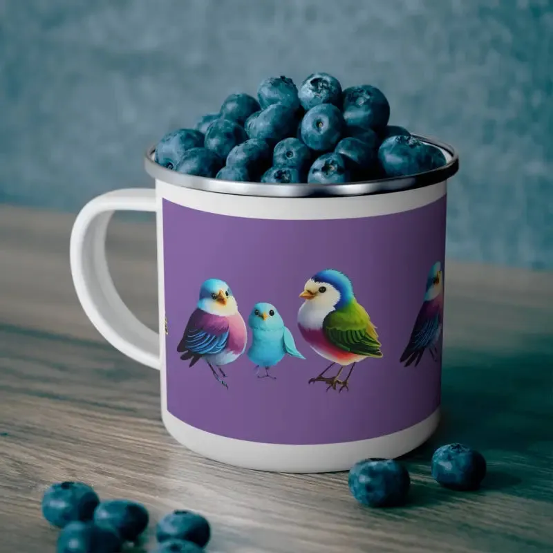 Rugged Enamel Camping Mug with Birds