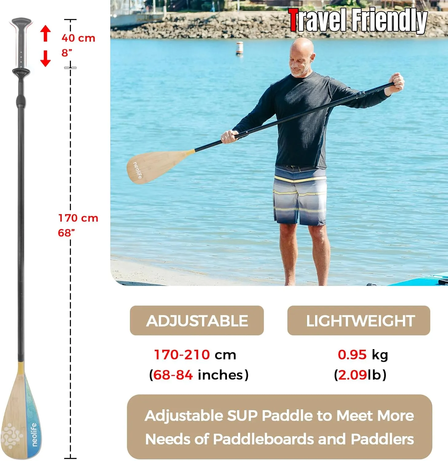 SUP Paddleboard Paddle with Carbon Fiber Shaft and PP Blade, Floating Adjustable Stand Up Paddle Board Paddle, 170-210 cm/68-84 Inches, Bamboo Pattern Series