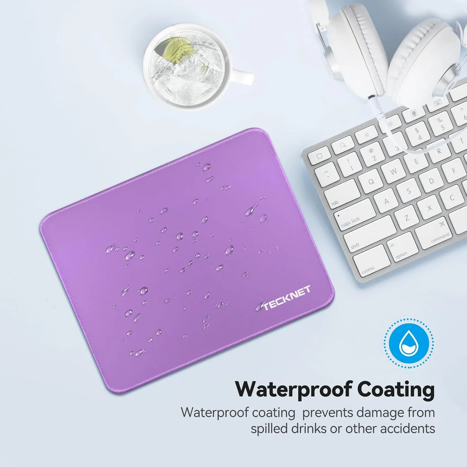 TECKNET Mouse Pad with Anti-fray Stitchin, Waterproof Surface & Non-Slip Rubber Base with Stitched Edges Gaming Mouse Mat for LaptopCompatible with Laser and Optical Mice - Purple