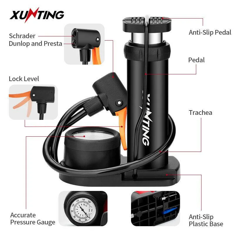 Xunting Mini Bike Foot Pump MAX 140PSI with Gauge Presta Schrader Valve with Needle for Road Mountain Bicycle Pump